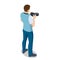 Isometric man Photographer with dslr Camera. Digital photo camera. Home hobby, lifestyle, travel, people concept