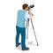 Isometric man Photographer with dslr Cameraon a tripod. Digital photo camera. Home hobby, lifestyle, travel, people