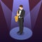 Isometric man playing saxophone. Saxophone jazz instrument. Jazz or blues musician