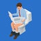 Isometric man reading a newspaper seated on a toilet isolated on blue background. Vector illustration