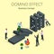 Isometric Man Start domino effect a and Chain reaction concept. Business metaphor. Business solution and helping