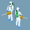 Isometric man in a white suit disinfects the street with a spray gun. Virus pandemic COVID-19. Prevention against