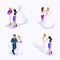 Isometric man and woman preparing for the wedding, the bride and groom, fitting the dress, sewing workshop, beautiful attire of th