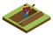 Isometric a man in work clothes digging a hole. Construction worker with a shovel. Worker digging with a shovel isolated