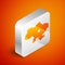 Isometric Map of Ukraine icon isolated on orange background. Silver square button. Vector