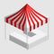 Isometric market stall, tent. Street awning canopy kiosk, counter, white red strings for fair, street food, market