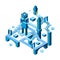 Isometric maze building. 3d architectural object big building with many impossibile ways and doors stairs towers garish