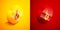 Isometric Meteorology thermometer measuring heat and cold icon isolated on orange and red background. Thermometer