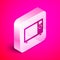 Isometric Microwave oven icon isolated on pink background. Home appliances icon. Silver square button. Vector