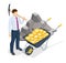 Isometric miner is digging on golden bitcoin. Devices and technology for mining cryptocurrency. Machines for mining