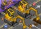 Isometric Mini Excavator with Man at Work in Front View