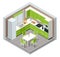 Isometric minimalist kitchen room interior with dinning furniture on a floor. Modern house interior with kitchen and