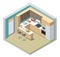 Isometric minimalist kitchen room interior with dinning furniture on a floor. Modern house interior with kitchen and