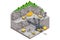 Isometric mining quarry, mine with large quarry dump truck and Bucket-wheel excavator. Equipment for high-mining