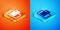 Isometric Mobile banking icon isolated on orange and blue background. Transfer money through mobile banking on the