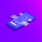 Isometric mobile loading process with icons of wallet target games and media on futuristic gradient background