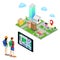 Isometric Mobile Navigation. Tourists Searching Supermarket in the City