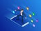 Isometric mobile phone and businessman. Virtual business Surfing. Smart and simple web interface with different apps and