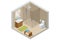 Isometric modern bathroom interior with a white toilet, mirror, sink, and shower cabin.