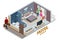 Isometric Modern Bedroom Suite in Hotel. Hotel Checking in and Having Rest in Their Rooms. Enjoy the Holiday and