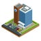 Isometric modern business center with parking and cars. Commercial office building isolated vector illustration