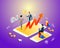Isometric modern businessman work with gadgets, virtual screen management, work with analytics, report ,graphs and