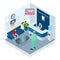 Isometric Modern dental practice. Dental chair and other accessories used by dentists in blue, medic, reception, detail