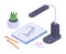 Isometric modern workspace, notebook, glasses, lamp and 3d stationery. Business workspace, personal planner and office equipment