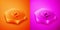 Isometric Motor gas gauge icon isolated on orange and pink background. Empty fuel meter. Full tank indication. Hexagon