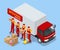 Isometric Moving Company Worker Carrying Boxes and Furniture, Truck Delivering. Delivery Truck Full of Home Stuff Inside