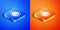 Isometric Murder icon isolated on blue and orange background. Body, bleeding, corpse, bleeding icon. Dead head. Concept