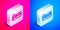 Isometric Music synthesizer icon isolated on pink and blue background. Electronic piano. Silver square button. Vector
