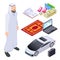 Isometric Muslim, arab man and traditional and modern accessorises vector illustration