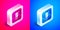 Isometric Mute microphone icon isolated on pink and blue background. Microphone audio muted. Silver square button