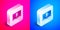 Isometric Mute microphone on laptop icon isolated on pink and blue background. Microphone audio muted. Silver square