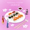 Isometric National Cuisine Japan with Sushi and Japanese People in Traditional Clothes