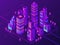 Isometric neon town. Futuristic illuminated city, future megapolis highway illumination and business district 3d vector