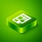 Isometric News icon isolated on green background. Newspaper sign. Mass media symbol. Green square button. Vector