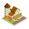 Isometric nursing house vector. Elderly people walking and speaking concept