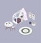 Isometric objects for a children room. White bed and purple bedding to the point. Round table and chair. Books and