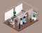 Isometric office of the bank, bank employees serve customers, electronic queue, entry to reception. The bank consultant tells abou