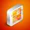 Isometric Office multifunction printer copy machine icon isolated on orange background. Silver square button. Vector