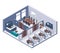Isometric office. Room interior with furniture, desk and computer, printer and reception. Business building cutaway 3d