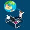 Isometric office worker or businessman in the workplace dreams of rest, vacation and travel. A break in the time of work