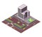 Isometric offices or business center. Town apartment building city map creation with street and cars. Infographic