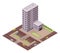 Isometric offices or business center. Town apartment building city map creation with street and cars. Infographic