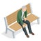 Isometric old man sitting on a bench and resting , front view, Isolated on white background