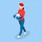 Isometric Online Christmas Shopping. Delivery woman in Santa Claus hat with Christmas present. Delivery man with boxes