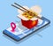 Isometric Online Delivery Food Stir-fried Noodles, Chow Mein, Chinese Cuisine. Asian Noodle Box Appear from Smartphone.