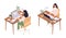 Isometric online education. Women sitting at computer, back and face view, pupil personal workplace, desktop with laptop